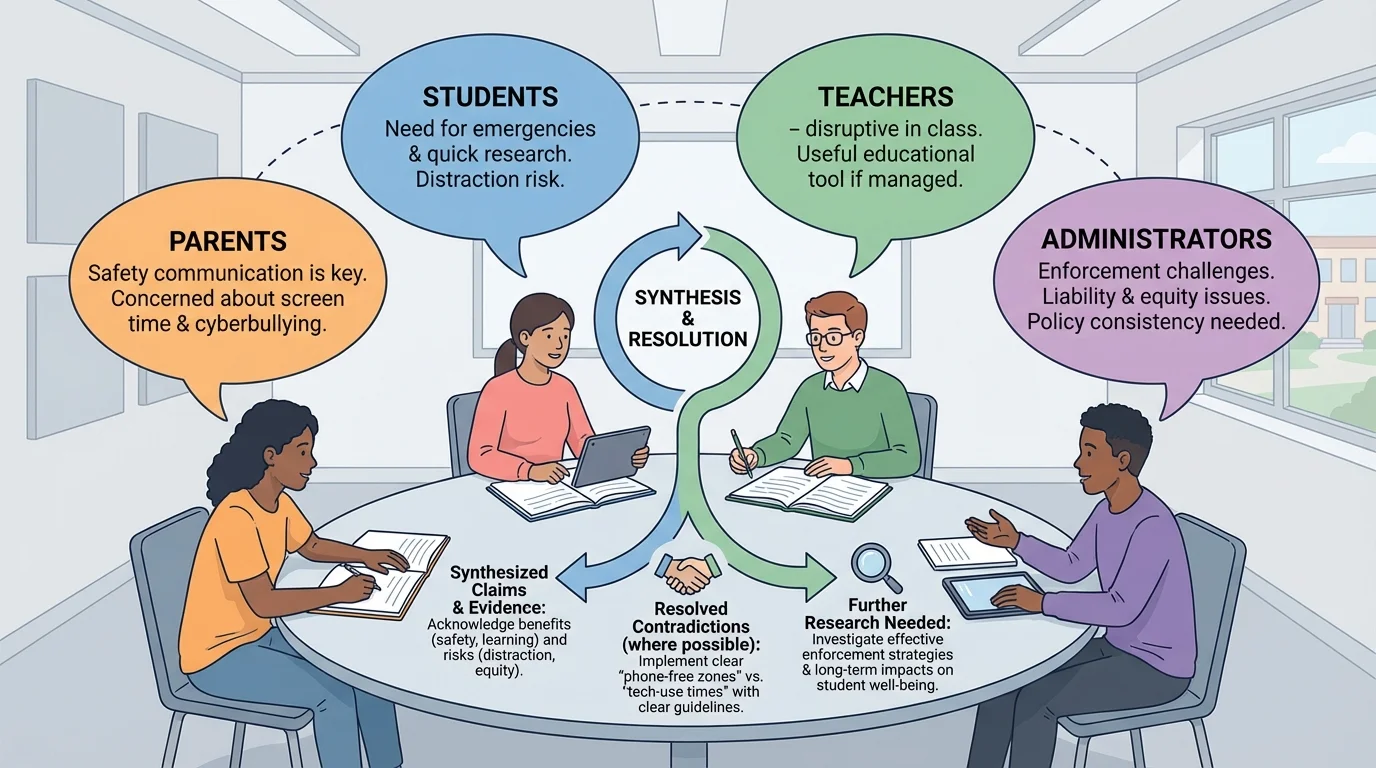 Students in a seminar discussing a school phone policy, with speech bubbles labeled students, teachers, parents, and administrators