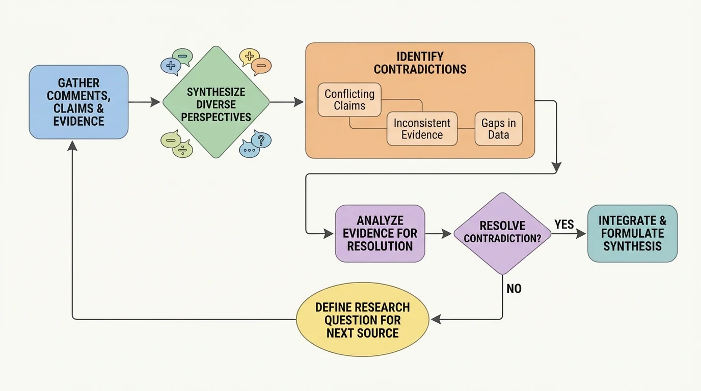 Flowchart showing steps from claim to evidence check to contradiction to research question to next source