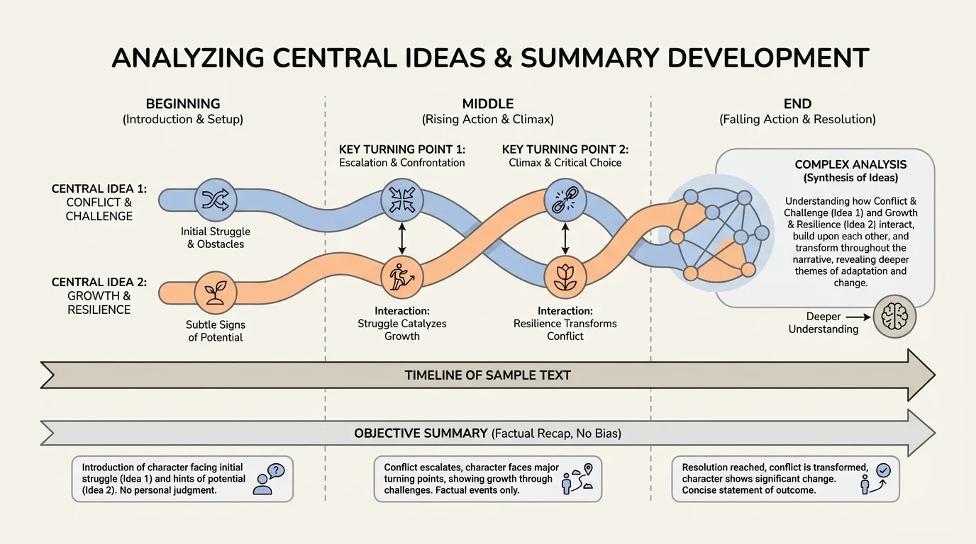 timeline of a sample story from beginning to middle to end showing two central ideas developing and intersecting at key turning points
