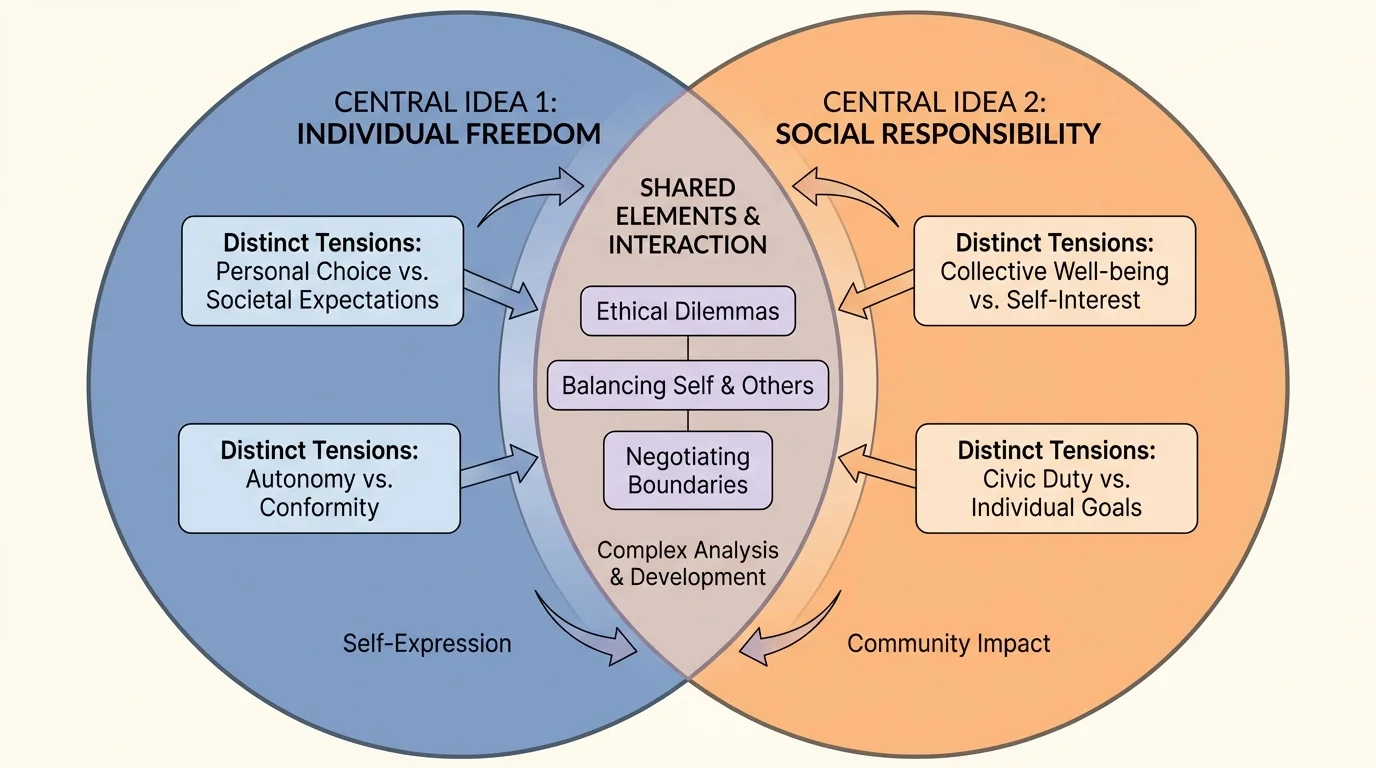 overlapping-circle diagram showing two central ideas from a text, with shared elements in the center and distinct tensions on each side