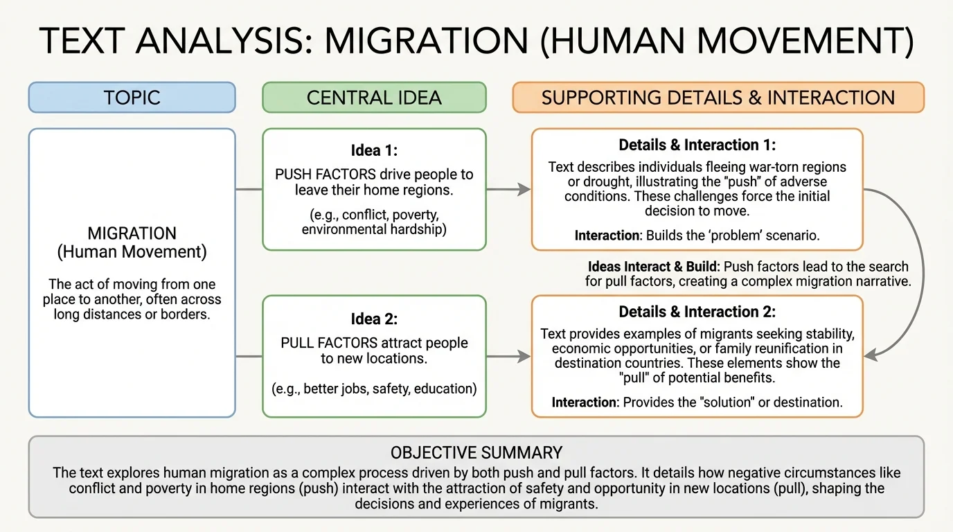 comparison chart showing topic, central idea, and supporting details for a sample text about migration, with short examples in each category