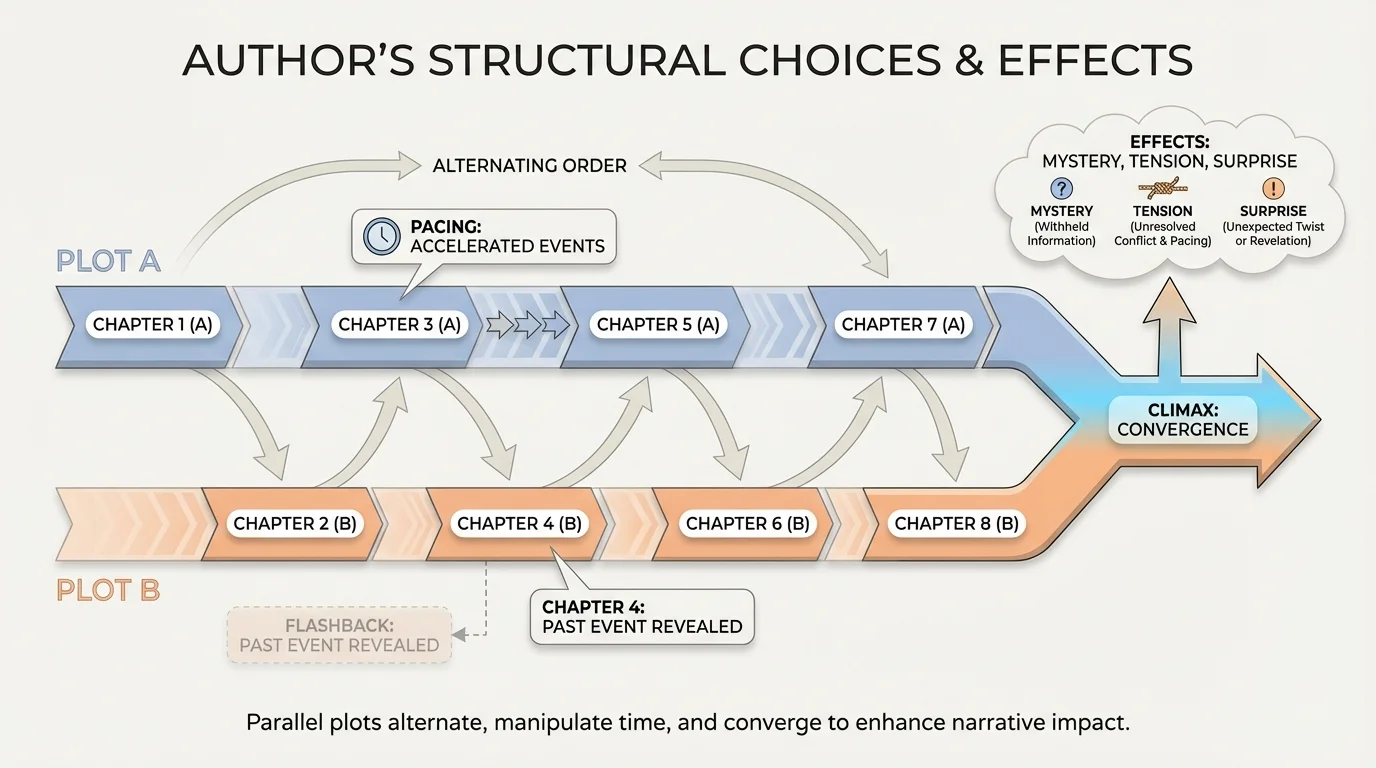 Diagram showing two parallel plot lines in alternating chapters that converge at a climactic event