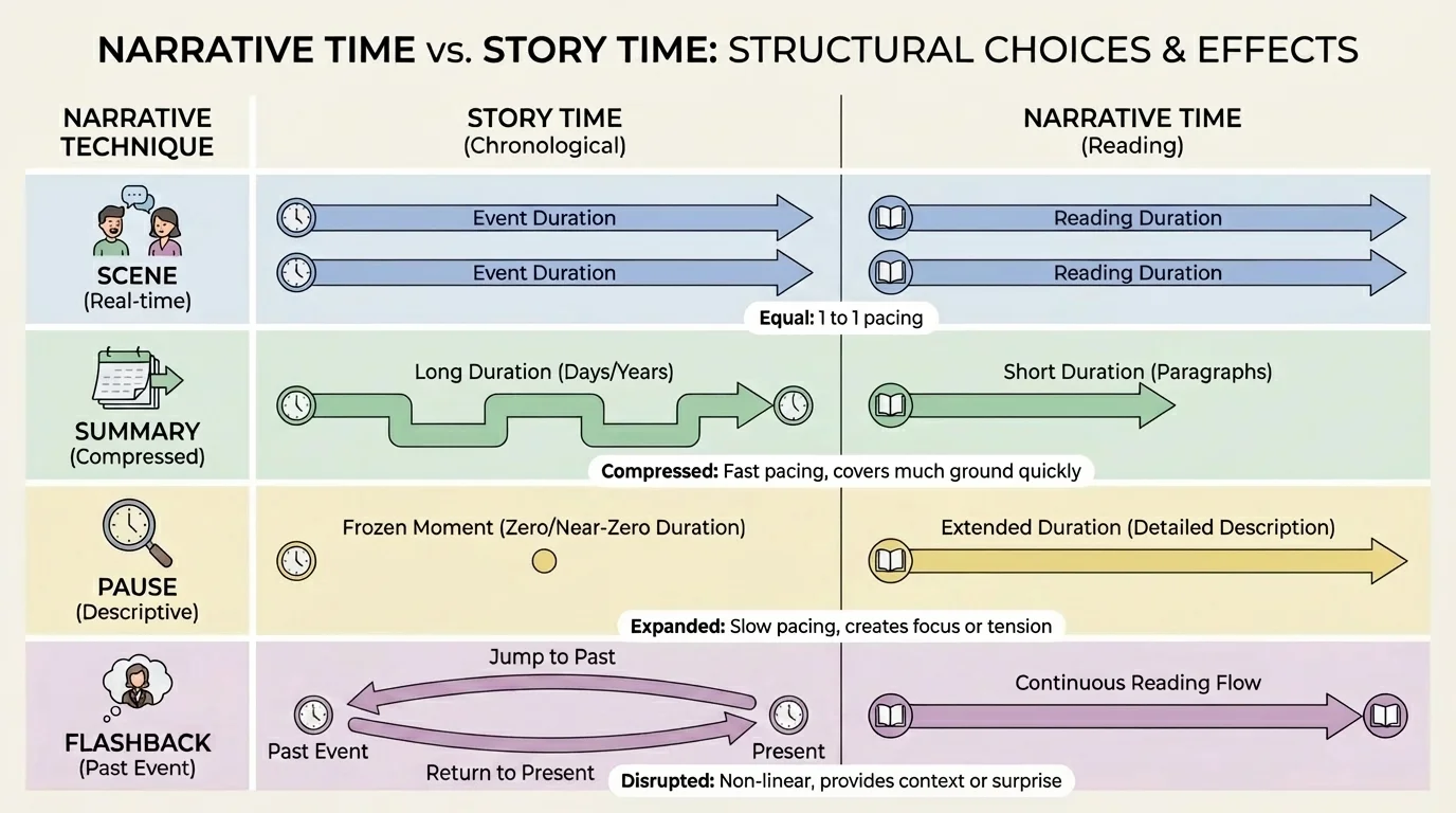 Chart comparing narrative time and story time for scene, summary, pause, and flashback