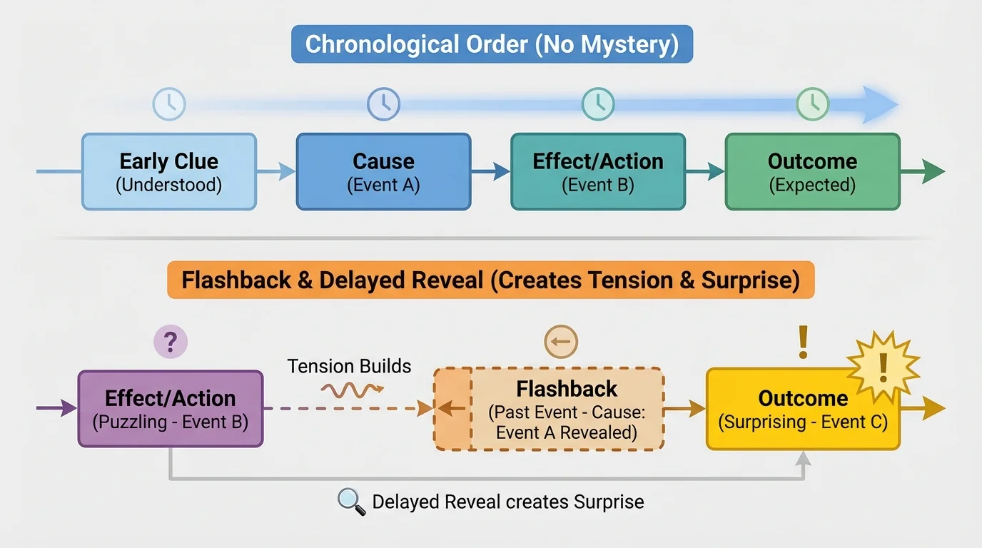 Side-by-side timeline comparing a story told in chronological order and the same story told with a flashback and delayed reveal