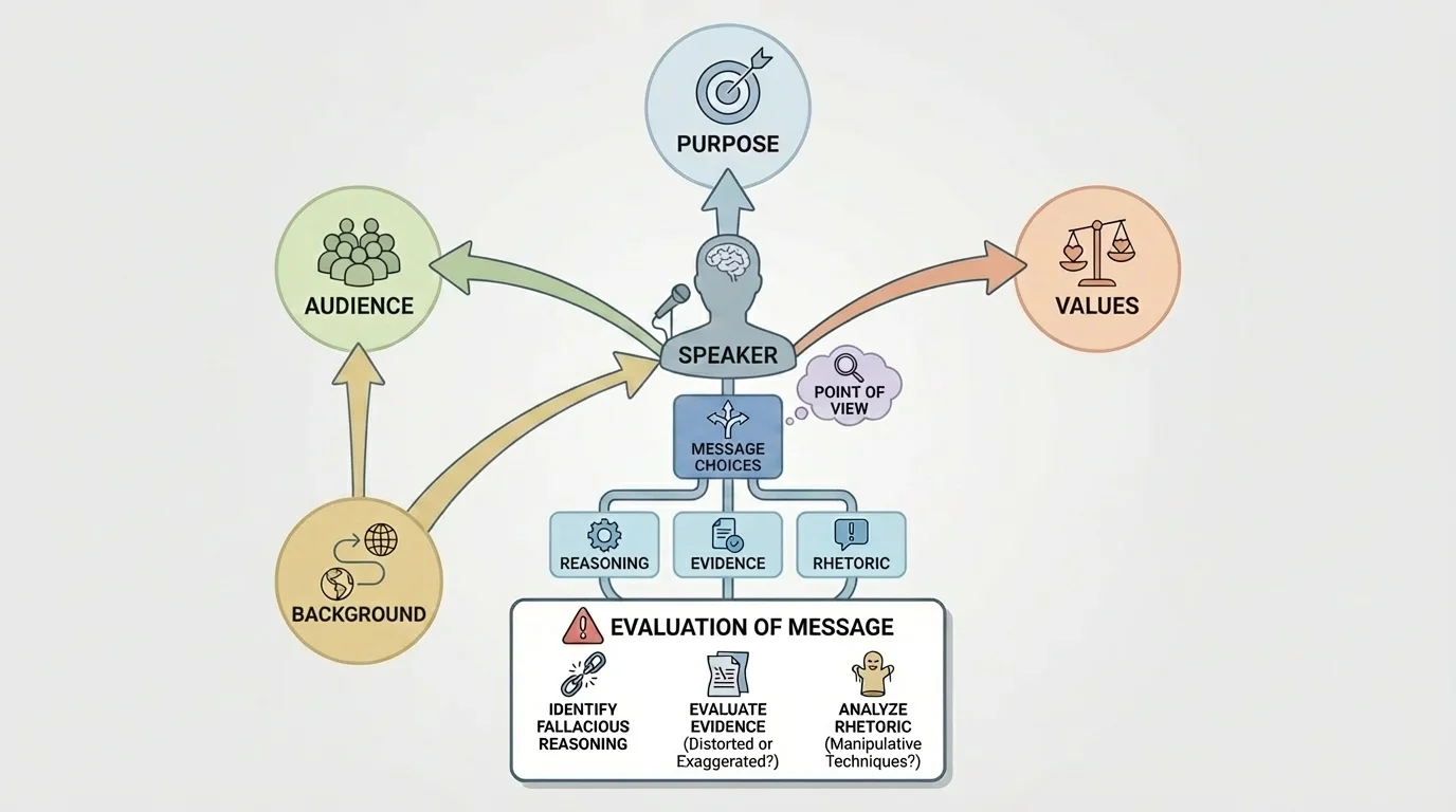 speaker at center connected by arrows to audience, purpose, background, values, and message choices