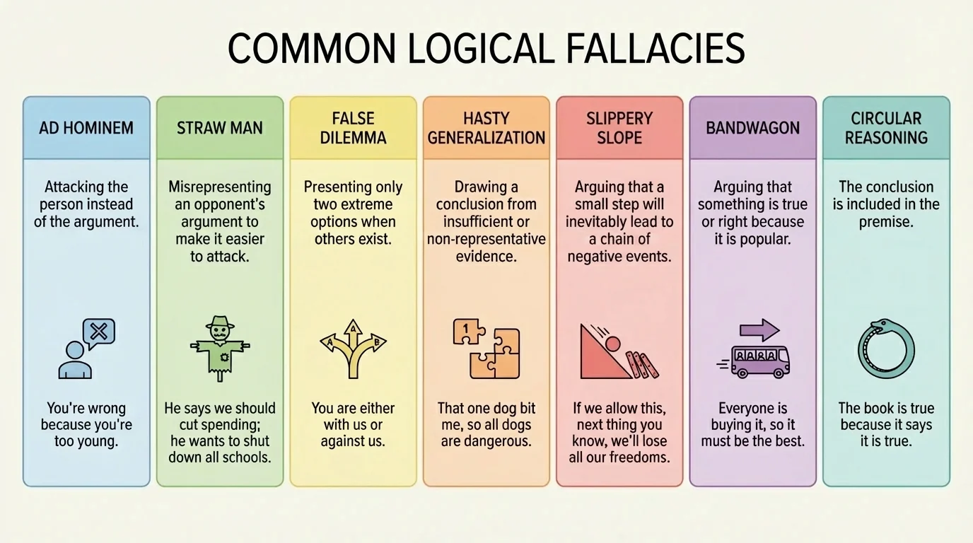 comparison chart of common fallacies with short labels and simple example phrases for ad hominem, straw man, false dilemma, hasty generalization, slippery slope, bandwagon, and circular reasoning