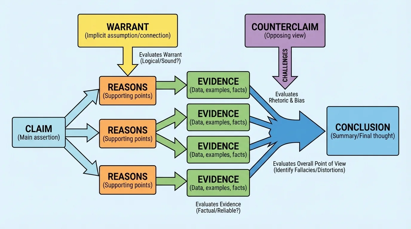 argument structure with boxes labeled claim, reasons, evidence, warrant, counterclaim, conclusion connected by arrows