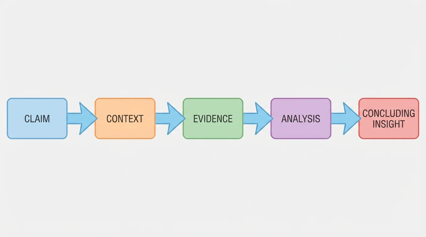 flowchart of an analytical paragraph with boxes labeled claim, context, evidence, analysis, and concluding insight connected by arrows