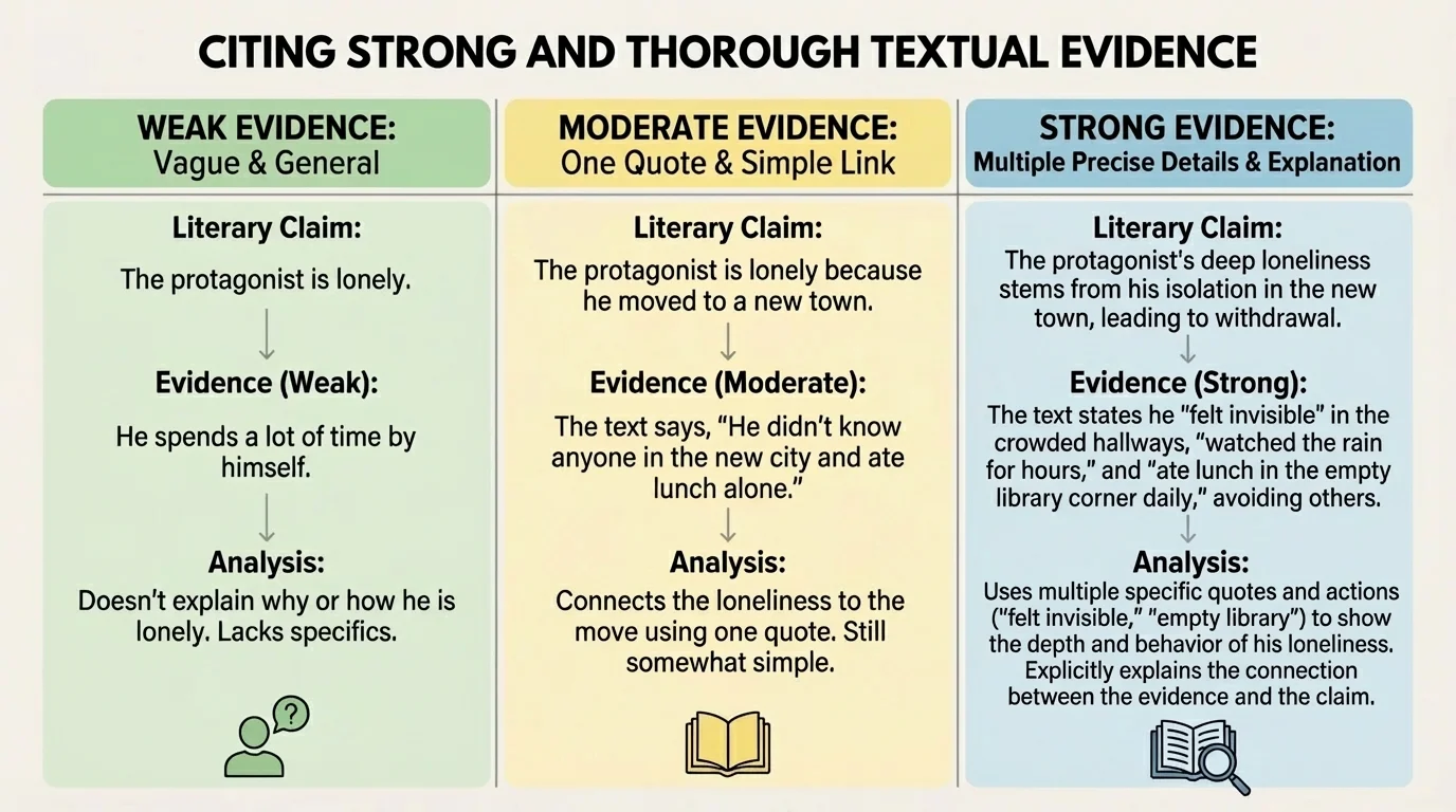 chart comparing one literary claim supported by weak vague evidence, moderate evidence with one quote, and strong evidence with multiple precise details and explanation