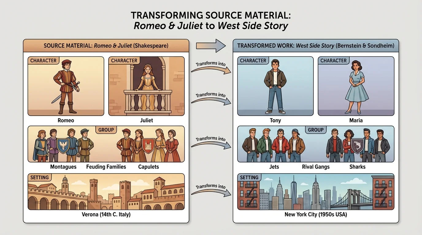 character-and-setting comparison chart matching Romeo to Tony, Juliet to Maria, feuding families to rival gangs, and Verona to New York City