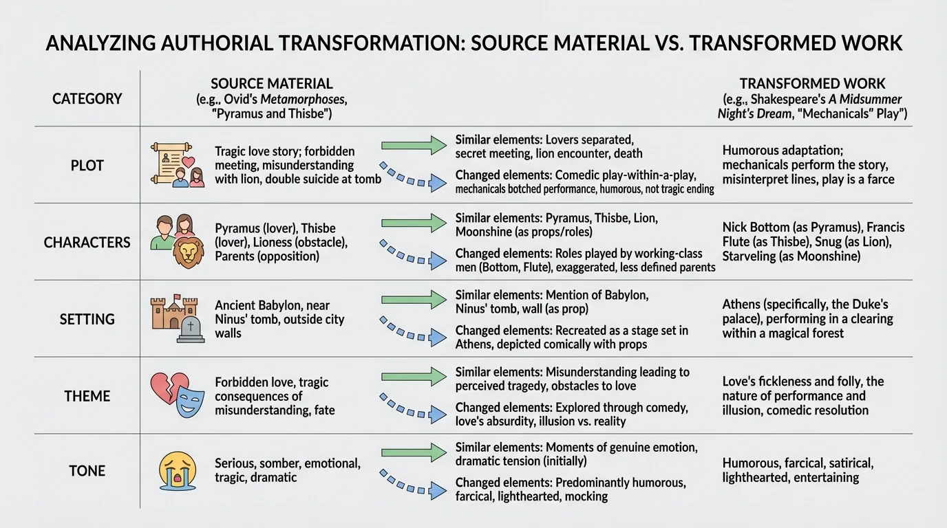comparison chart showing source material and transformed work across plot, characters, setting, theme, and tone, with arrows indicating what stays the same and what changes