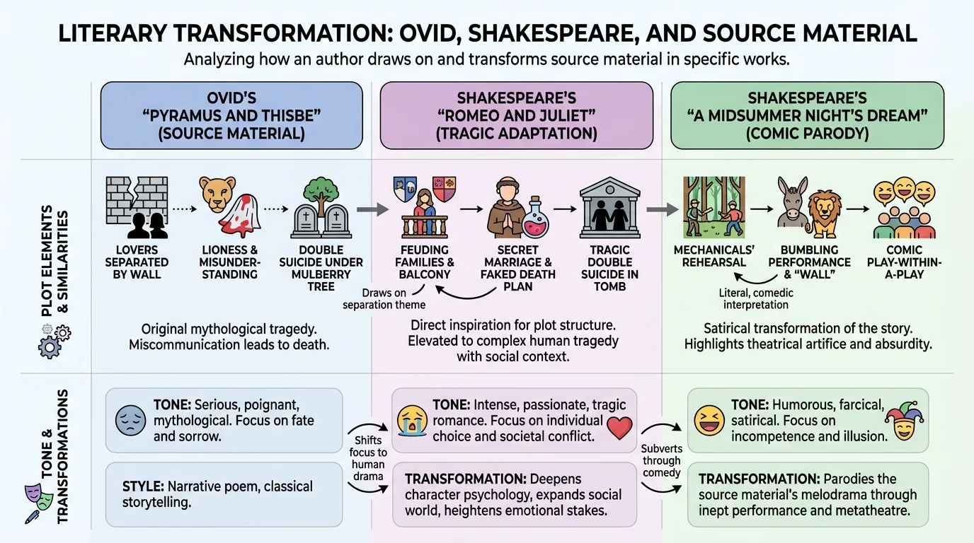 comparison chart linking Ovid's Pyramus and Thisbe with Shakespeare's Romeo and Juliet and the comic play in A Midsummer Night's Dream, showing similarities and changes in plot and tone
