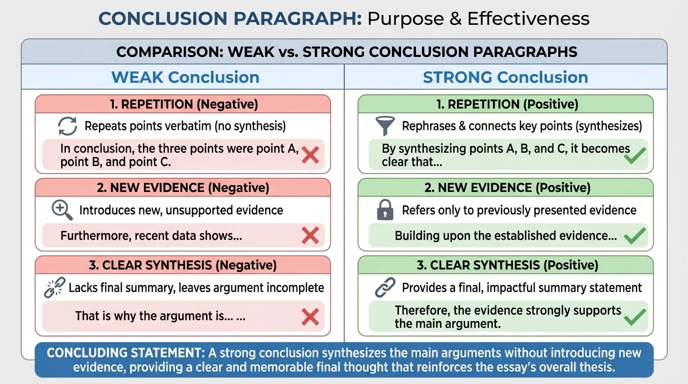 Comparison chart with two student conclusion paragraphs labeled weak and strong, highlighting repetition, new evidence, and clear synthesis