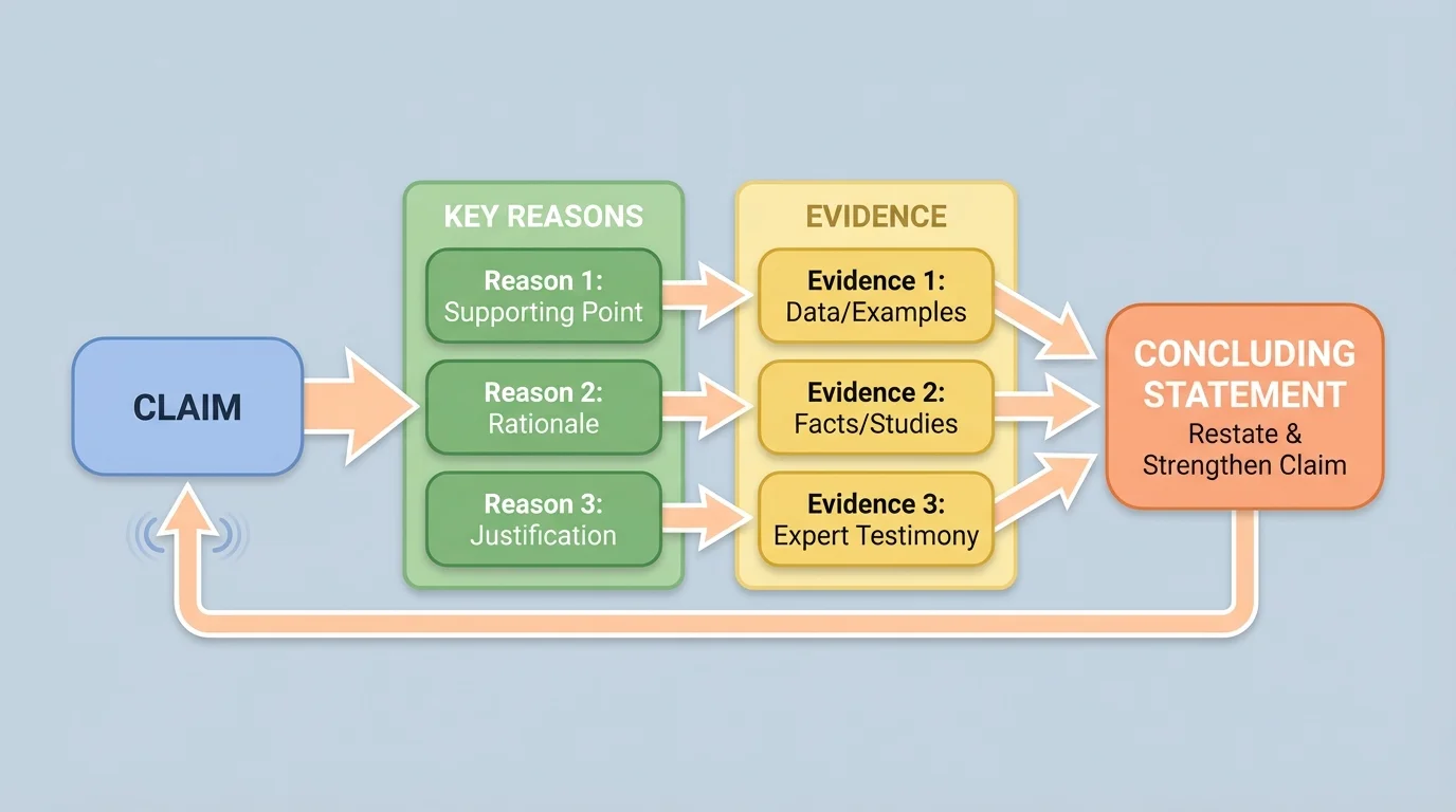 Flowchart showing an argument moving from claim to key reasons to evidence to a concluding statement that restates and strengthens the claim