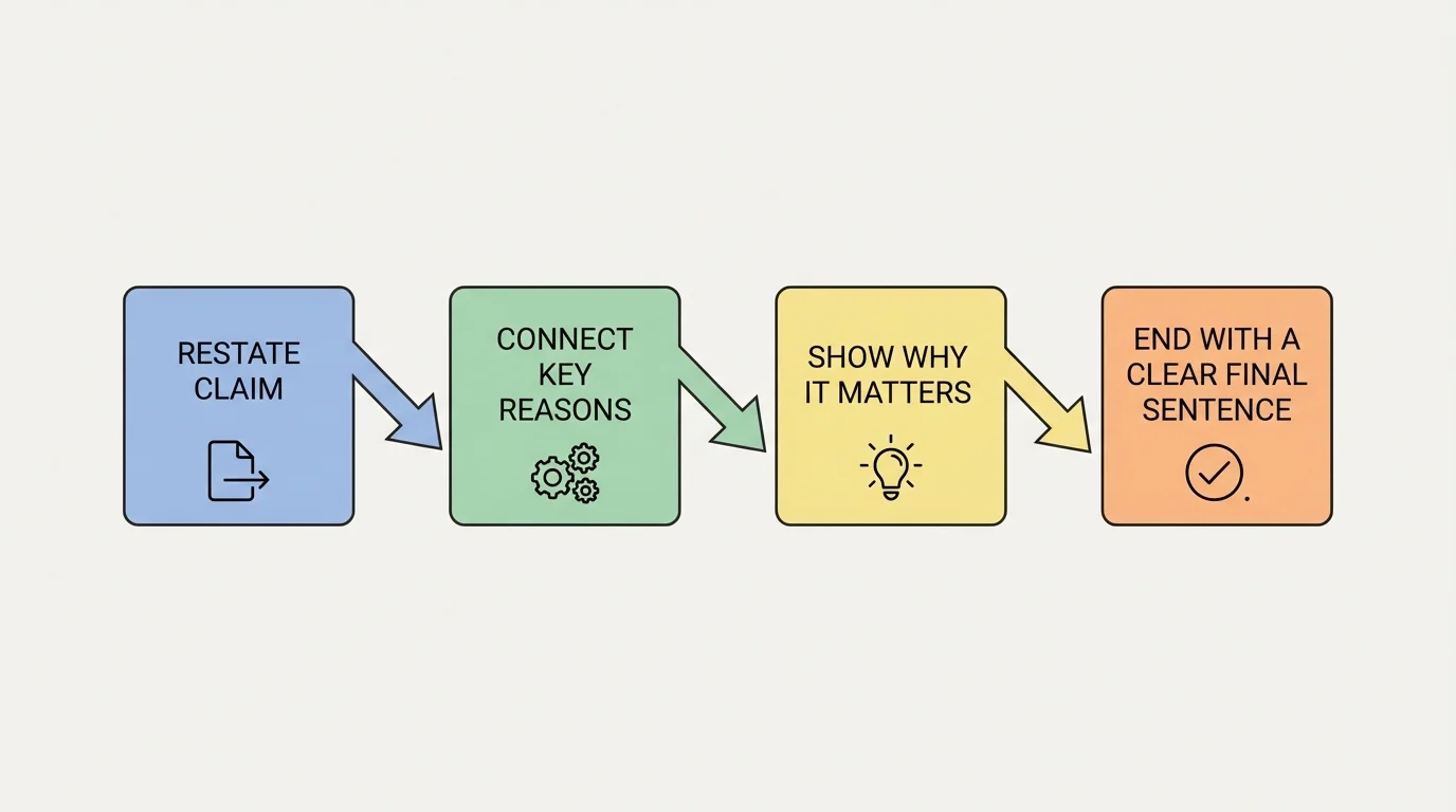 Flowchart with four boxes labeled restate claim, connect key reasons, show why it matters, and end with a clear final sentence