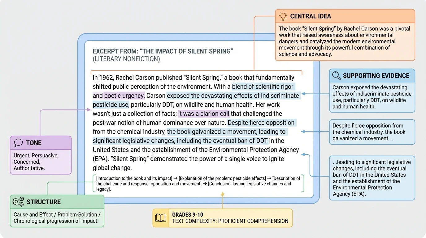 Annotated excerpt layout showing a nonfiction passage with labels for central idea, tone, structure, and supporting evidence