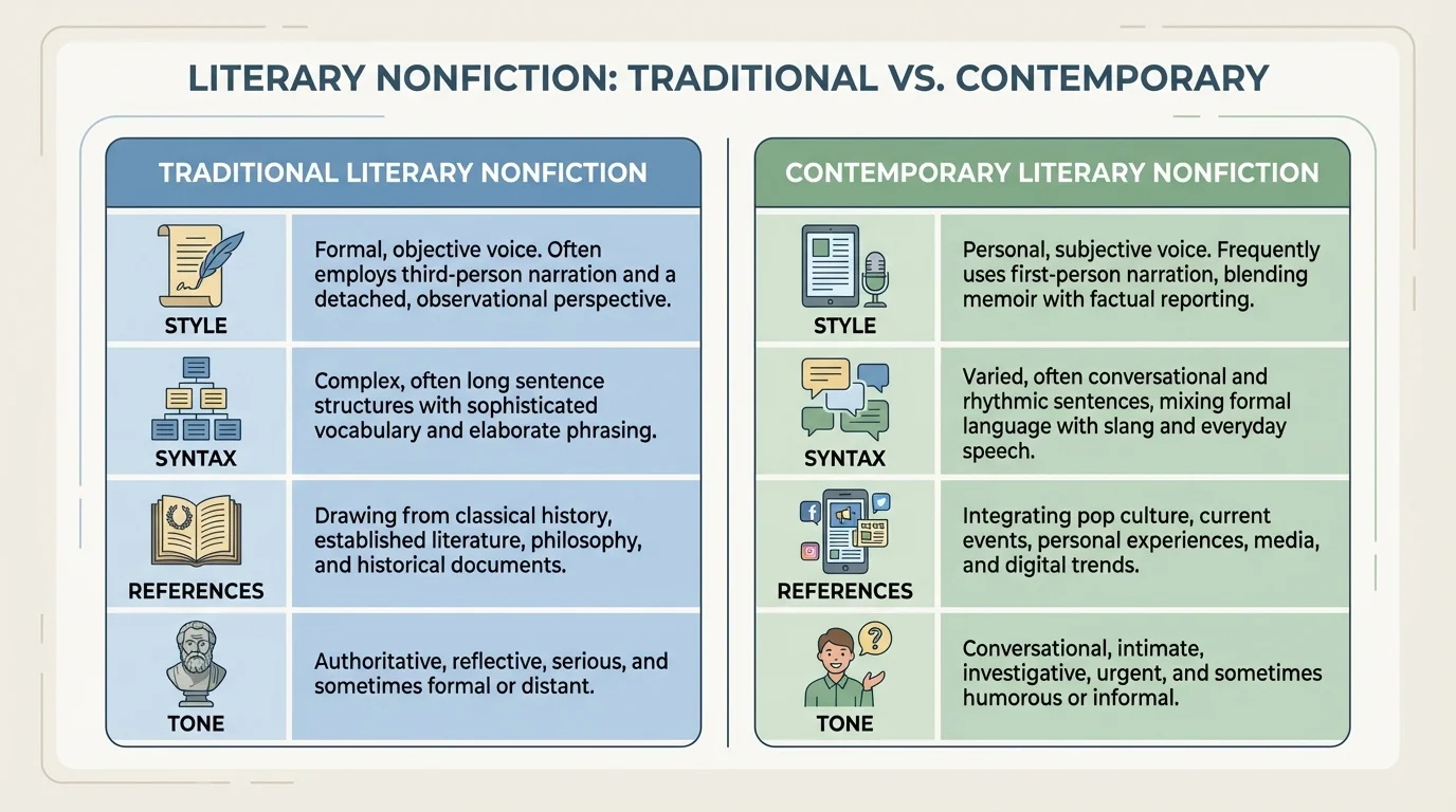 Comparison chart with traditional literary nonfiction on one side and contemporary literary nonfiction on the other, including style, syntax, references, and tone