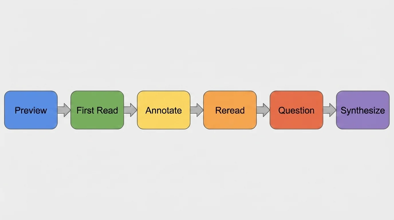 Flowchart of reading process with boxes labeled preview, first read, annotate, reread, question, and synthesize connected by arrows