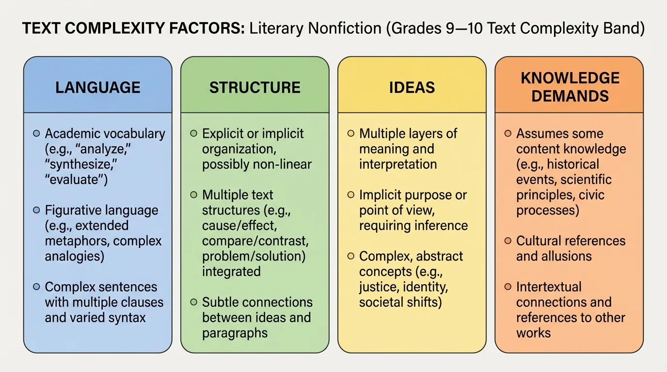 Four-part chart showing text complexity factors—language, structure, ideas, and knowledge demands—with concise examples in each section