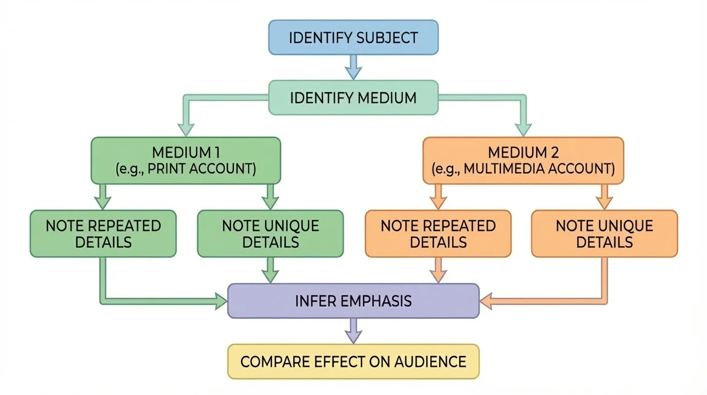 flowchart with steps identify subject, identify medium, note repeated details, note unique details, infer emphasis, compare effect on audience
