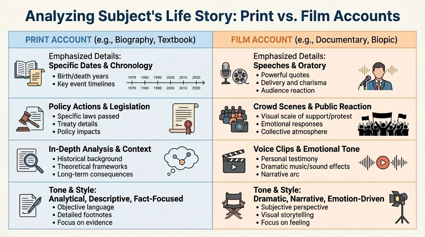 two-column chart comparing emphasized details such as dates and policy actions in print versus speeches, crowd scenes, and voice clips in film