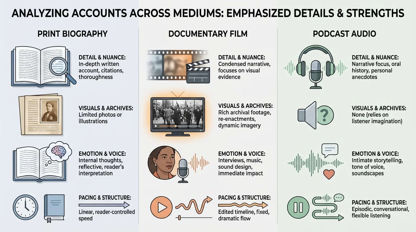 comparison chart showing a printed biography page, documentary screen, and podcast interface with labeled strengths such as detail, visuals, emotion, and pacing