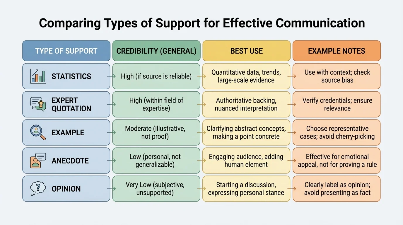 chart comparing types of support—statistics, expert quotation, example, anecdote, opinion—with notes on credibility and best use
