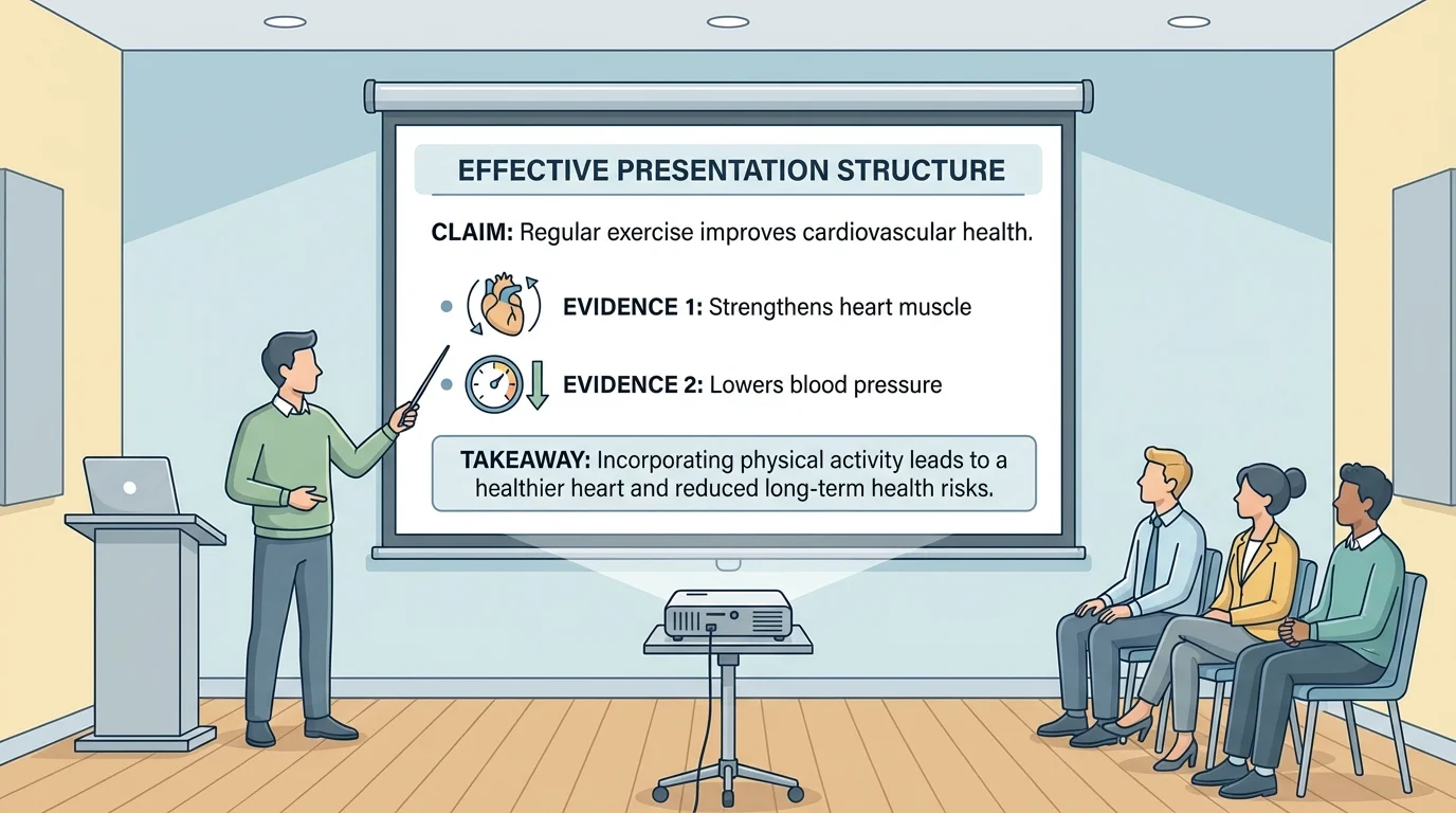 illustration of a presentation scene with one clear slide showing claim, two evidence points, and a concluding takeaway