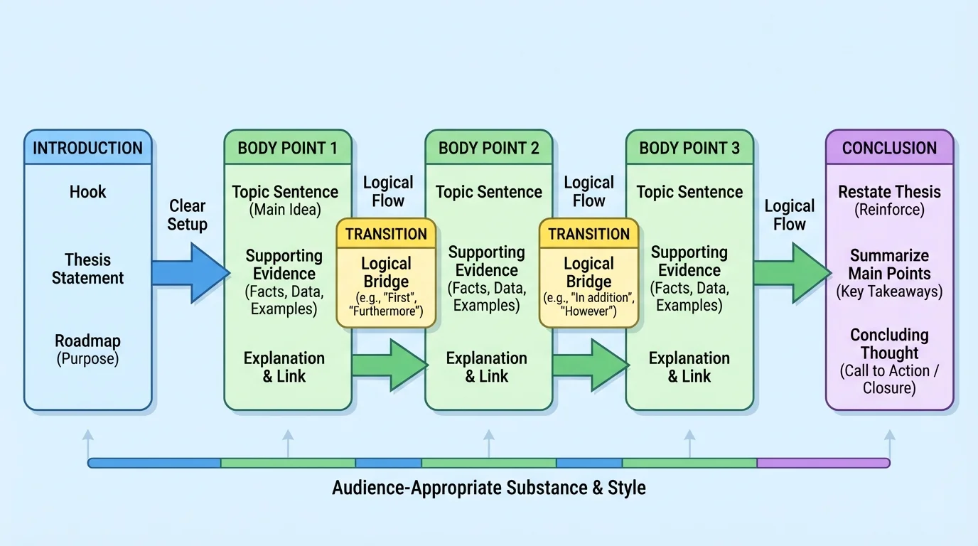 flowchart showing introduction, three body points with supporting evidence, transitions, and conclusion in a student presentation