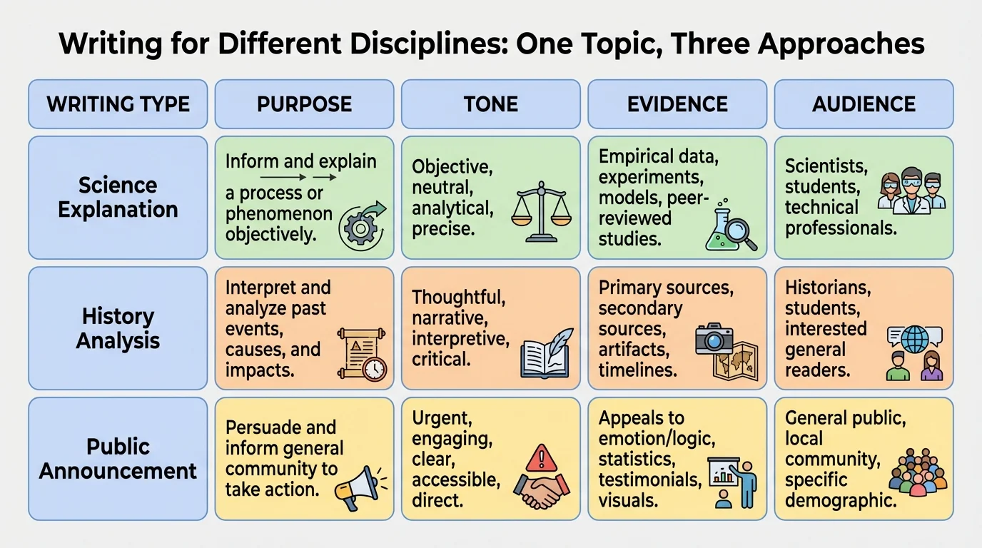 Chart comparing the same topic written as a science explanation, history analysis, and public announcement, with columns for purpose, tone, evidence, and audience