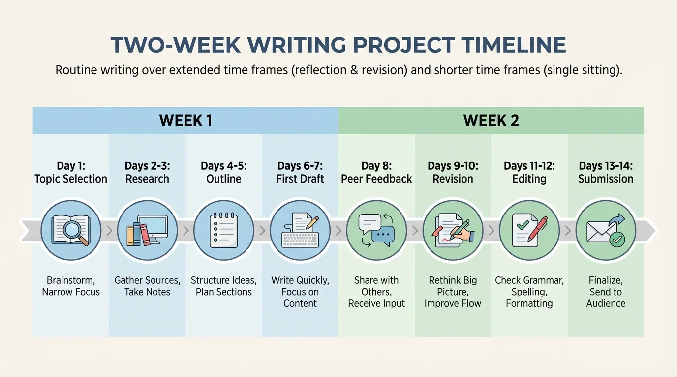 Timeline showing stages of a two-week writing project: topic selection, research, outline, first draft, peer feedback, revision, editing, submission