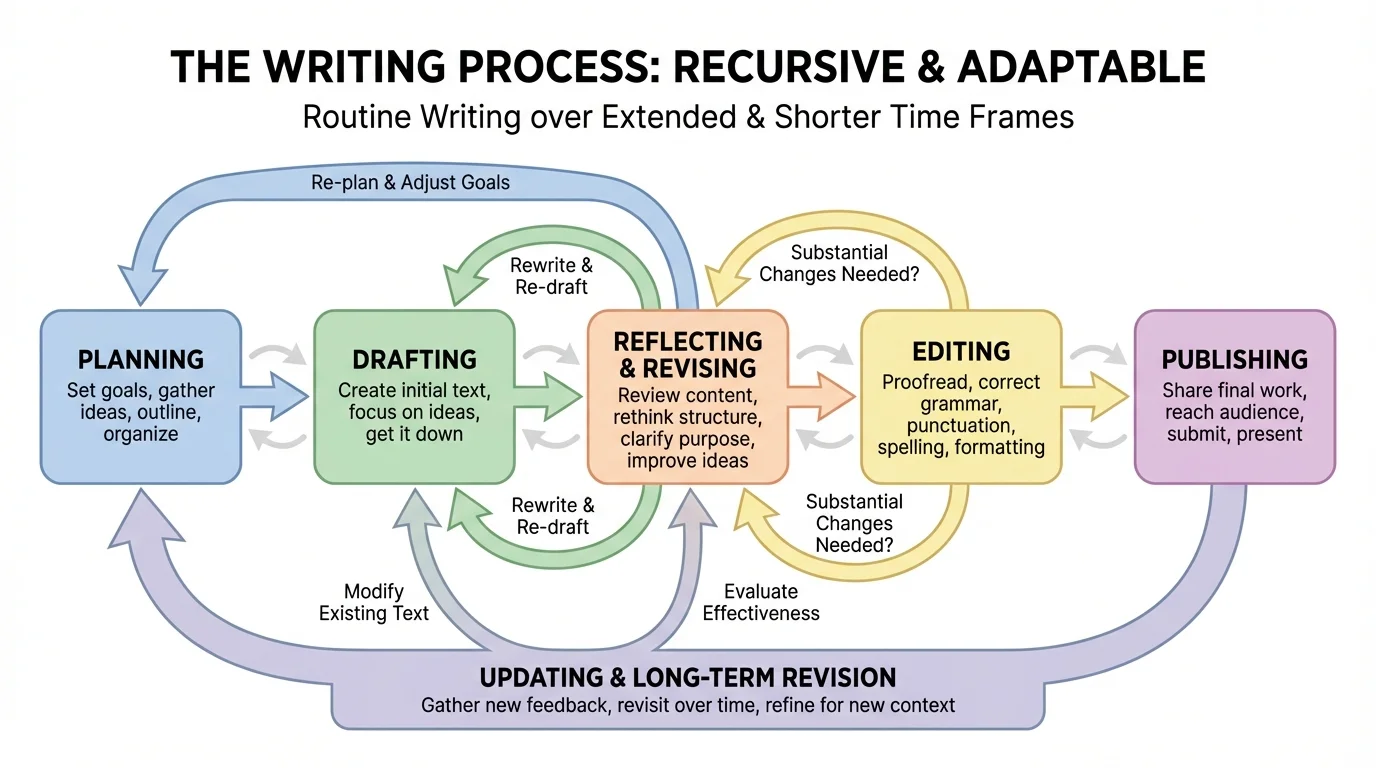Flowchart of planning, drafting, reflecting, revising, editing, publishing, and updating with arrows showing recursion