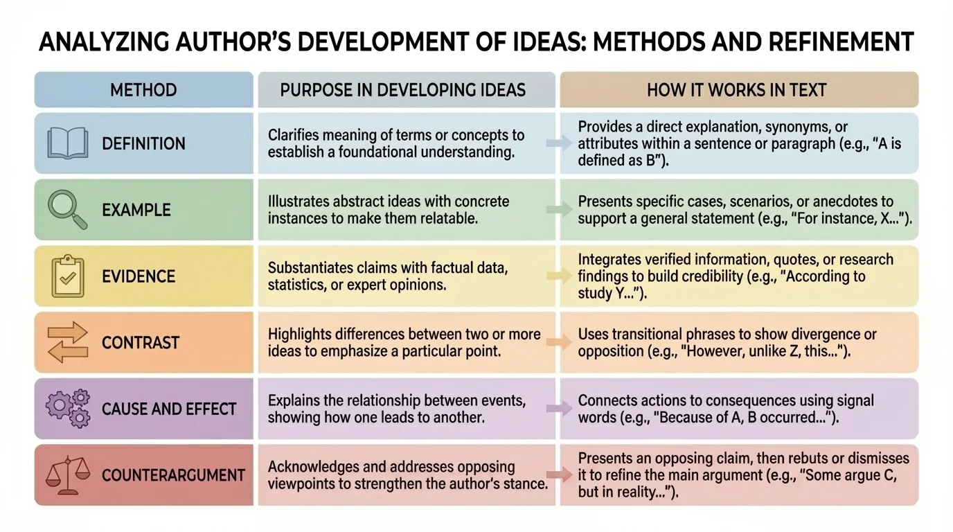 chart comparing development methods such as definition, example, evidence, contrast, cause and effect, and counterargument