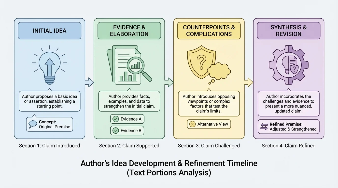 timeline of four text sections showing a claim introduced, supported, challenged, and refined