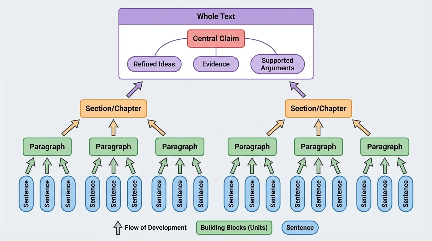 flowchart showing how a central claim is built by sentences, paragraphs, sections, and the whole text