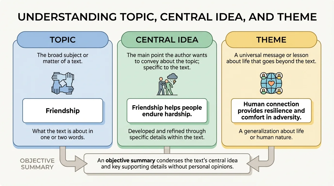 chart comparing topic, central idea, and theme with examples such as topic friendship, central idea friendship helps people endure hardship, and theme statement about human connection