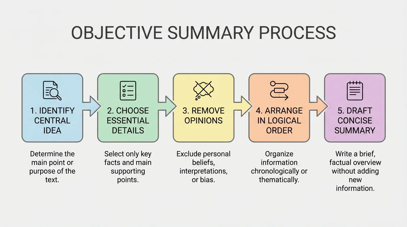 flowchart showing objective summary process from identify central idea, choose essential details, remove opinions, arrange in logical order, draft concise summary