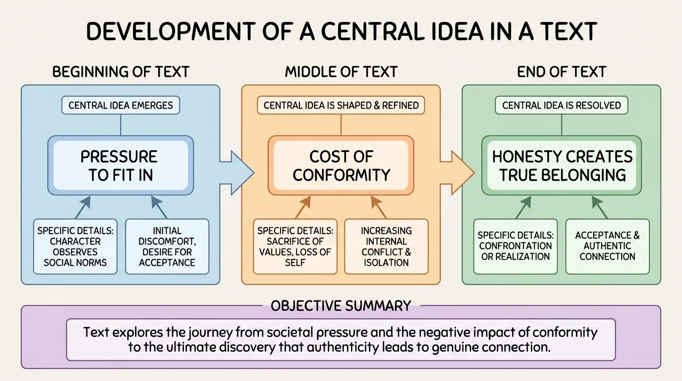 flowchart showing beginning middle and end of a text with central idea evolving from pressure to fit in, to cost of conformity, to honesty creates true belonging