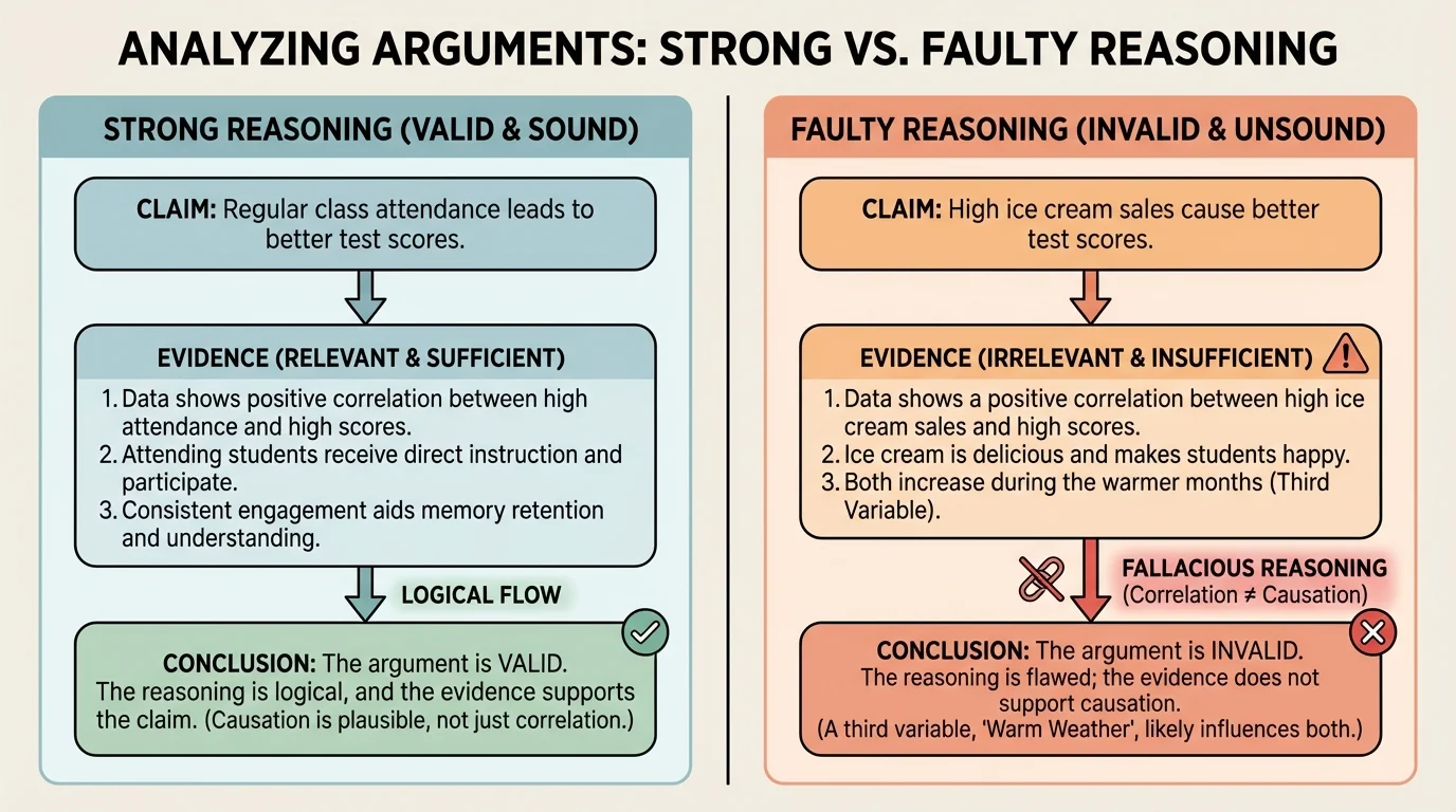 side-by-side comparison of strong reasoning and faulty reasoning using examples about attendance, test scores, and cause versus correlation