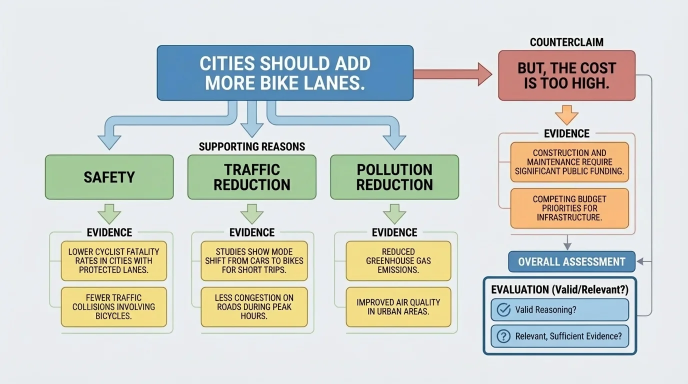central claim box labeled cities should add more bike lanes connected to supporting reasons safety, traffic reduction, and pollution reduction, with evidence boxes under each and a side branch for a counterclaim about cost