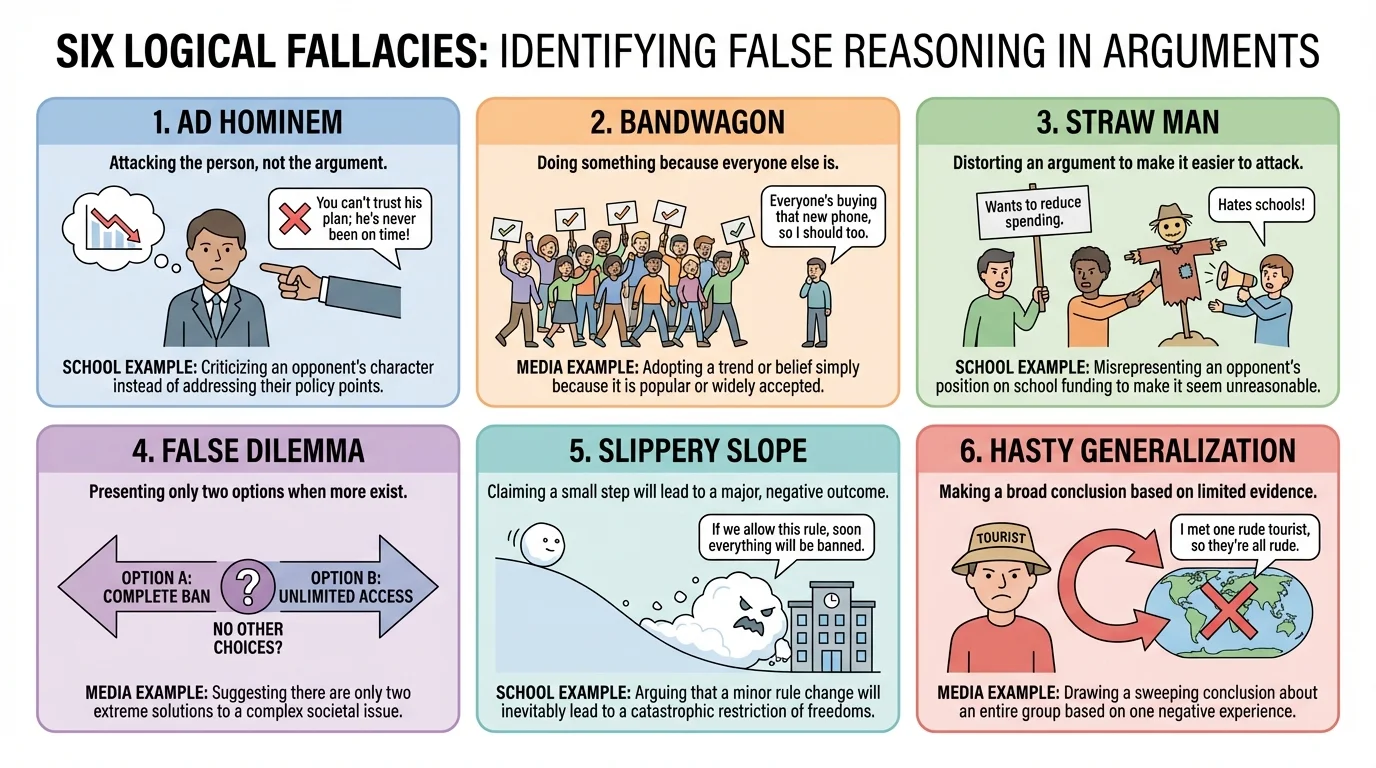 labeled chart of six fallacies with short school or media examples for ad hominem, bandwagon, straw man, false dilemma, slippery slope, and hasty generalization