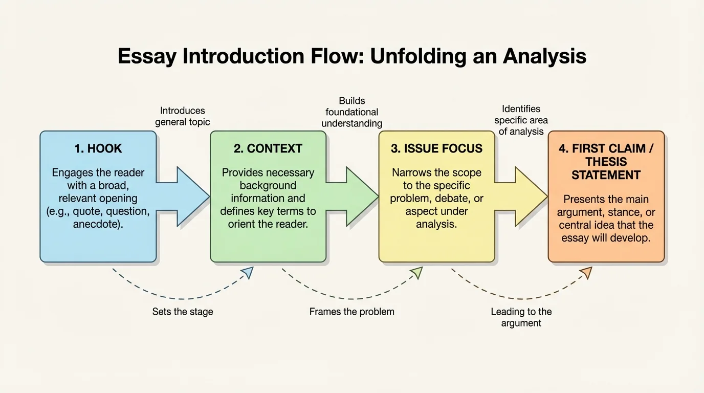 flowchart of an essay introduction moving from hook to context to issue focus to first claim, with arrows showing progression