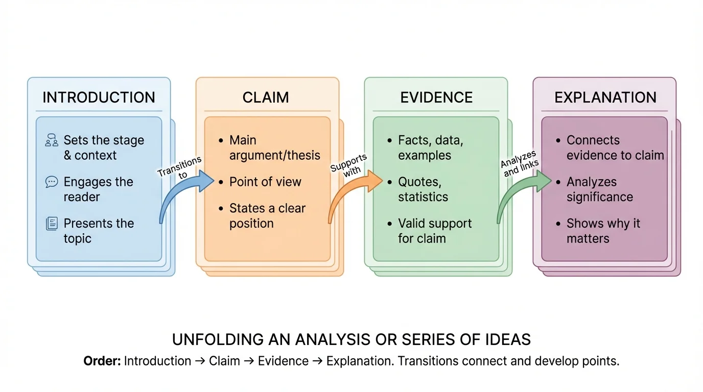 sequence of four paragraphs with margin notes labeling introduction, claim, evidence, explanation, and transition arrows connecting them