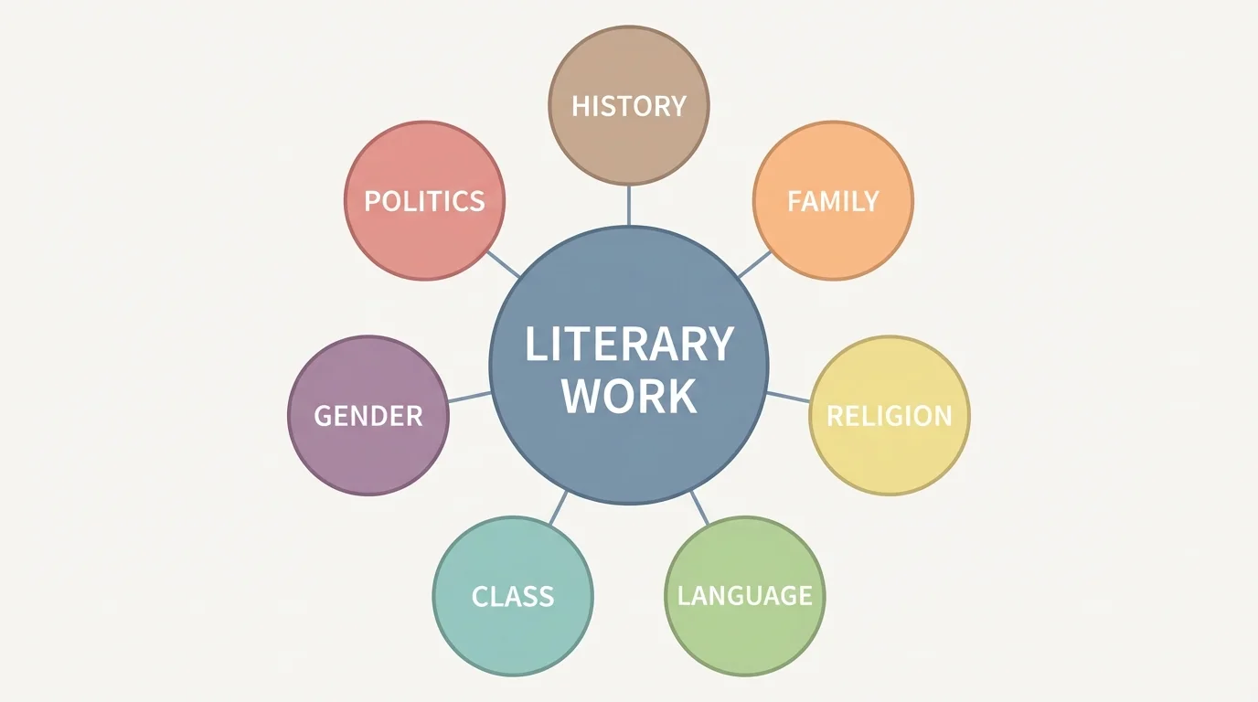 central circle labeled literary work surrounded by connected labels history, family, religion, language, class, gender, and politics