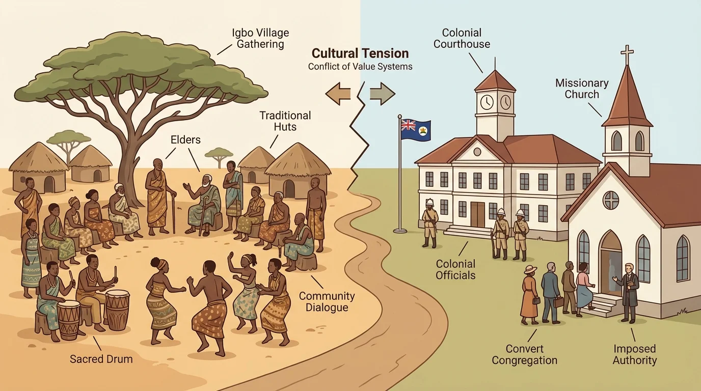 scene contrasting an Igbo village gathering with a nearby colonial courthouse and missionary church, emphasizing cultural tension
