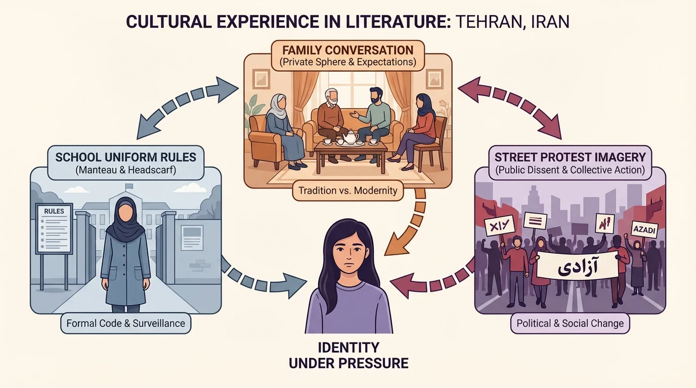 teenage girl in Tehran between school uniform rules, family conversation at home, and street protest imagery, showing pressure on identity