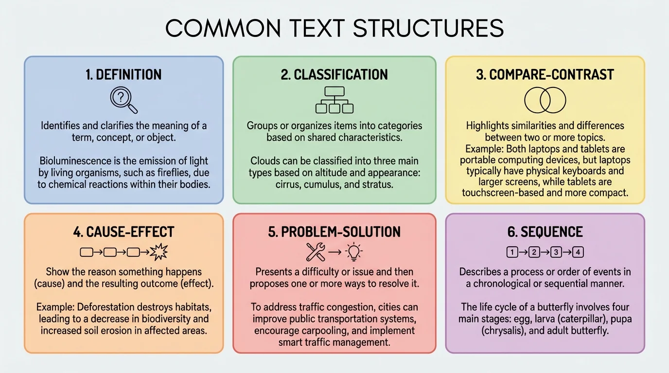 chart showing six text structures with brief examples: definition, classification, compare-contrast, cause-effect, problem-solution, sequence