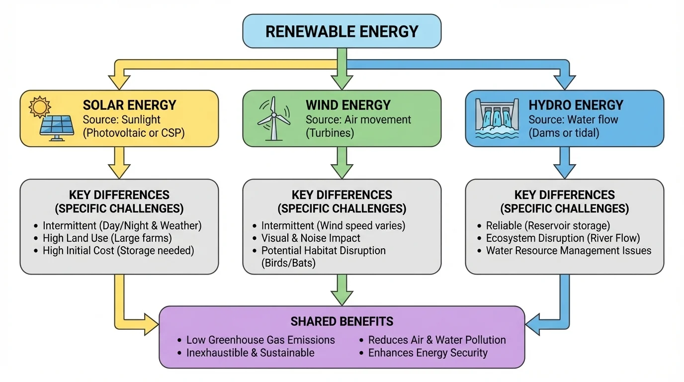 flowchart showing topic 'Renewable Energy' branching into solar, wind, hydro, with shared benefits and key differences