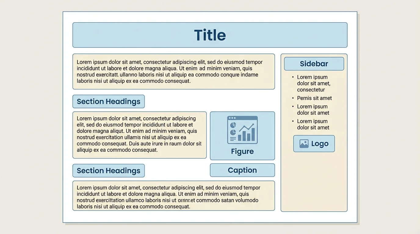 diagram of a sample article page labeled title, section headings, sidebar, figure, and caption