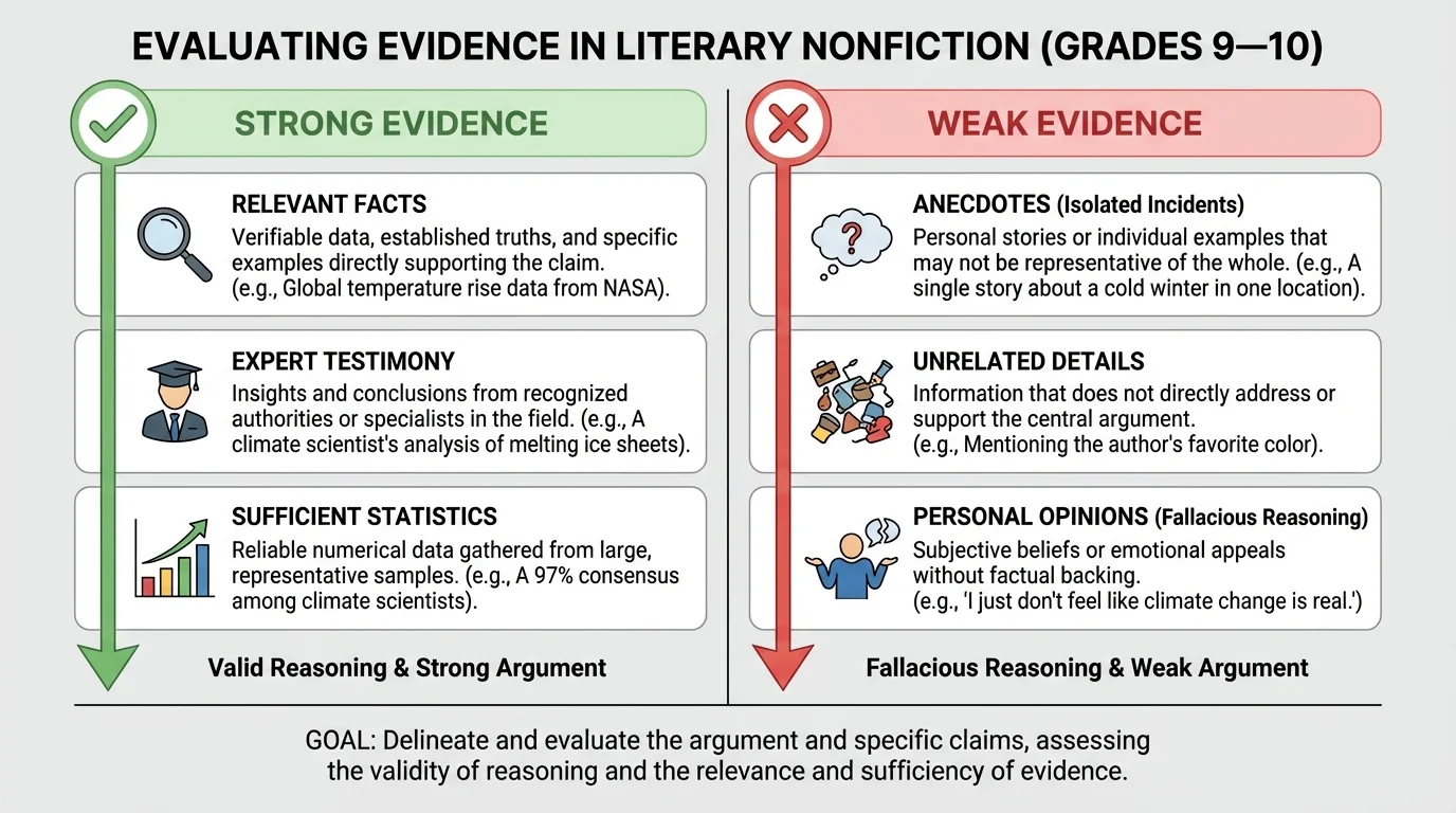 Chart comparing strong evidence and weak evidence in literary nonfiction, including facts, expert testimony, anecdotes, and unrelated details